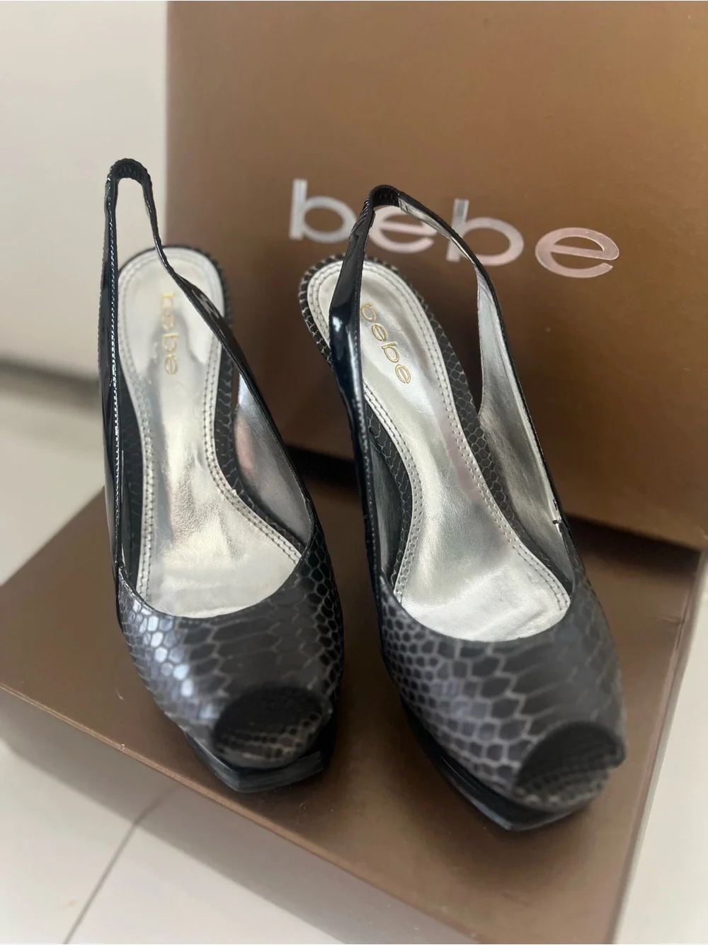 Bebe Black Snake-Embossed Slingback Heels